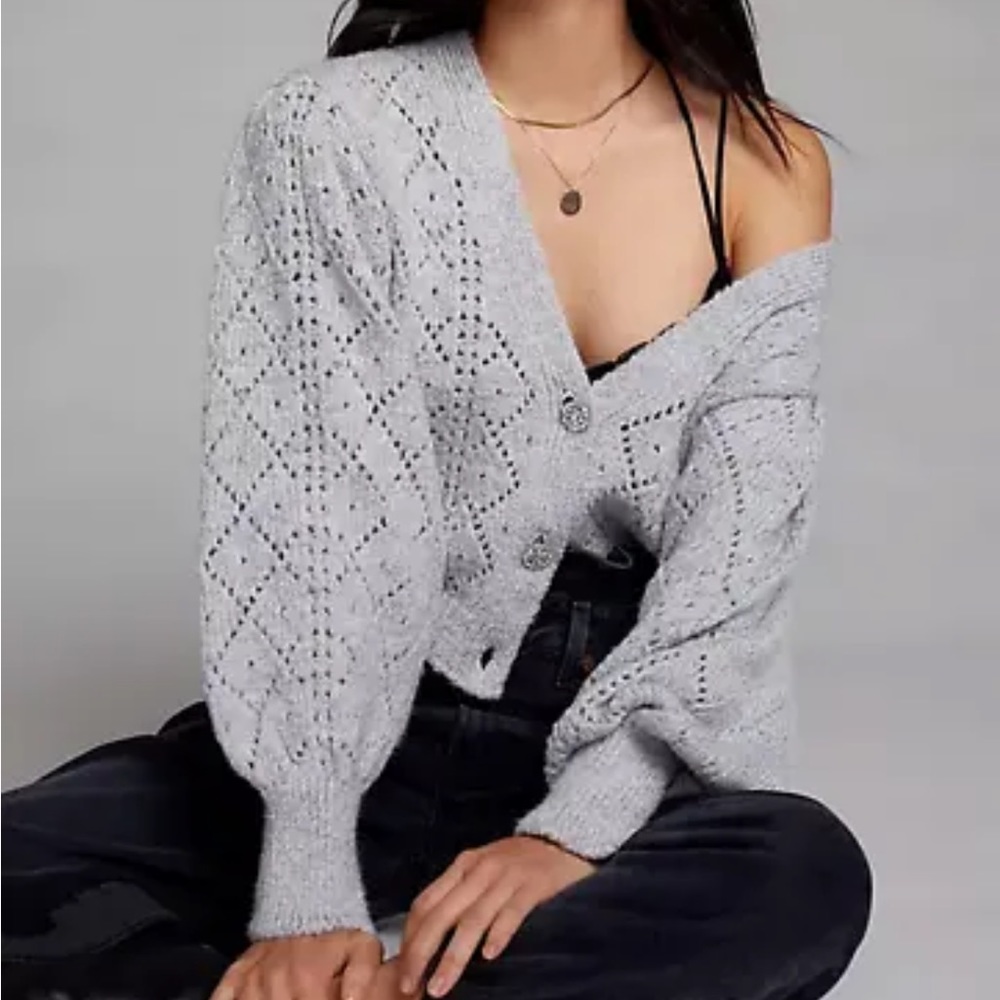 Anthropologie Pointelle Puff Sleeves Jewel Buttons V-Neck Cardigan